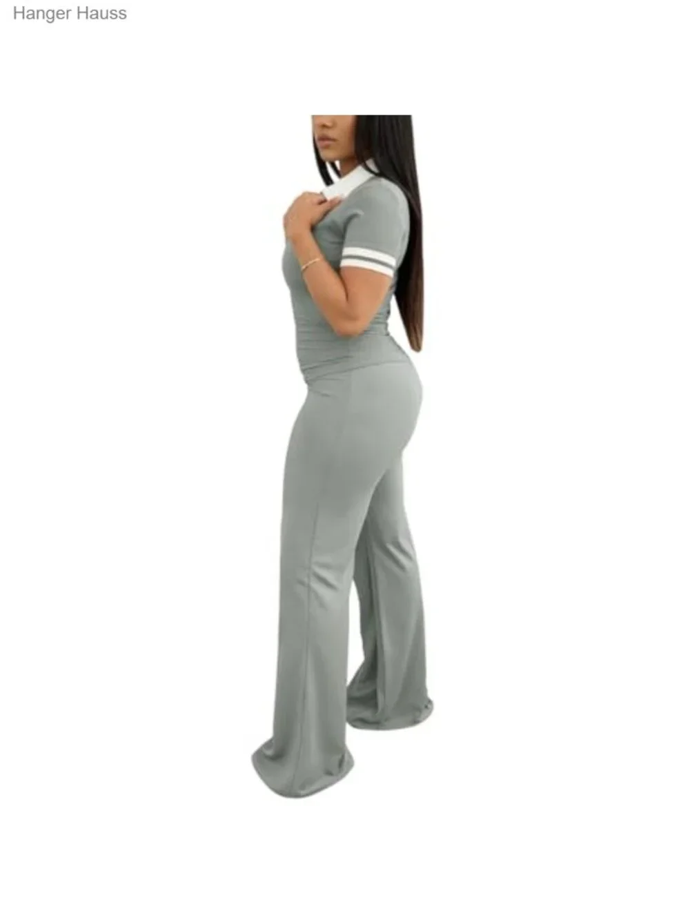 Women's 2 Piece Polo Lounge Set Short Sleeve Wide Leg Pants Retro Tracksuit